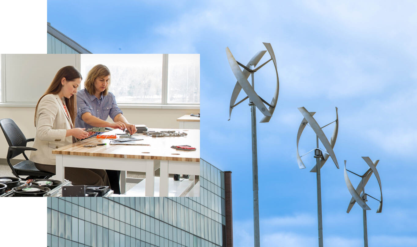 A collage showing two people working at a desk and the wind turbines outside of Sustainability Hall on the RIT campus.